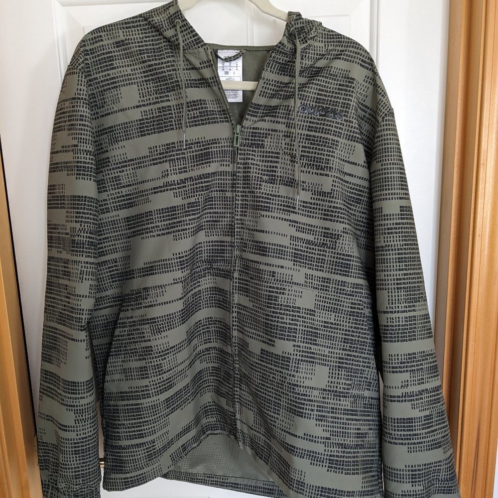 Adidas Printed Drawstring Hooded Zip Up Jacket Olive Green